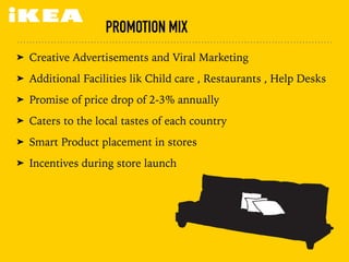 PROMOTION MIX
➤ Creative Advertisements and Viral Marketing
➤ Additional Facilities lik Child care , Restaurants , Help Desks
➤ Promise of price drop of 2-3% annually
➤ Caters to the local tastes of each country
➤ Smart Product placement in stores
➤ Incentives during store launch
 