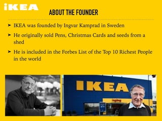 ABOUT THE FOUNDER
➤ IKEA was founded by Ingvar Kamprad in Sweden
➤ He originally sold Pens, Christmas Cards and seeds from a
shed
➤ He is included in the Forbes List of the Top 10 Richest People
in the world
 