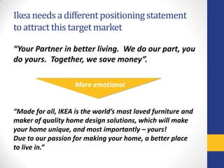Ikea needs a different positioning statement
to attract this target market

“Your Partner in better living. We do our part, you
do yours. Together, we save money”.

                    More emotional


“Made for all, IKEA is the world’s most loved furniture and
maker of quality home design solutions, which will make
your home unique, and most importantly – yours!
Due to our passion for making your home, a better place
to live in.”
 