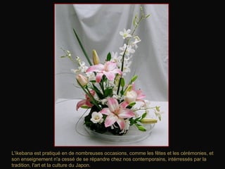 L'ikebana est pratiqué en de nombreuses occasions, comme les fêtes et les cérémonies, et son enseignement n'a cessé de se répandre chez nos contemporains, intérr e ssés par la tradition, l'art et la culture du Japon.  