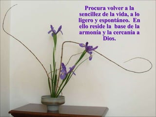 Procura volver a la
sencillez de la vida, a lo
ligero y espontáneo. En
ello reside la base de la
armonía y la cercanía a
Dios.
 