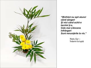 “Înfrânt nu eşti atunci
când sângeri
Şi nici când ochii-n
lacrimi ţi-s,
Cele mai crâncene
înfrângeri
Sunt renunţările la vis.”

        Radu Gyr –
        Îndemn la luptă
 