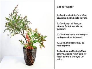 Cei 10 "Dacă"


1. Dacă vrei să faci un bine,
atunci fă-l când este nevoie.

2. Dacă poți să faci pe
cineva fericit, nu sta pe
gânduri.

3. Dacă dai ceva, nu aștepta
ca fapta să se întoarcă.

4. Dacă primești ceva, dă
mai departe.

5. Dacă nu poți să ajuți pe
cineva, spune-i-o în așa fel
încât să nu o ia ca pe un
refuz.
 