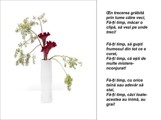 În trecerea grăbită
prin lume către veci,
Fă-ți timp, măcar o
clipă, să vezi pe unde
treci!


Fă-ți timp, să guști
frumosul din tot ce e
curat,
Fă-ți timp, că ești de
multe mistere-
nconjurat!


Fă-ți timp, cu orice
taină sau adevăr să
stai,
Fă-ți timp, căci toate-
acestea au inimă, au
grai!
 