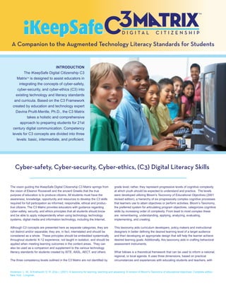 A Companion to the Augmented Technology Literacy Standards for Students


                              INTRODUCTION
         The iKeepSafe Digital Citizenship C3
    Matrix is designed to assist educators in
              TM



      integrating the concepts of cyber-safety,
     cyber-security, and cyber-ethics (C3) into
    existing technology and literacy standards
   and curricula. Based on the C3 Framework
 created by education and technology expert
    Davina Pruitt-Mentle, Ph.D., the C3 Matrix
           takes a holistic and comprehensive
       approach to preparing students for 21st
  century digital communication. Competency
 levels for C3 concepts are divided into three
    levels: basic, intermediate, and proficient.




    Cyber-safety, Cyber-security, Cyber-ethics, (C3) Digital Literacy Skills

The vision guiding the iKeepSafe Digital Citizenship C3 Matrix springs from               grade level; rather, they represent progressive levels of cognitive complexity
the vision of Eleanor Roosevelt and the ancient Greeks that the true                      at which youth should be expected to understand and practice. The levels
purpose of education is to produce citizens. All students must have the                   were developed utilizing Bloom's Taxonomy of Educational Objectives (2001
awareness, knowledge, opportunity and resources to develop the C3 skills                  revised edition), a hierarchy of six progressively complex cognitive processes
required for full participation as informed, responsible, ethical and produc-             that learners use to attain objectives or perform activities. Bloom’s Taxonomy,
tive citizens. The C3 Matrix provides educators with guidance regarding                   the preferred system for articulating program objectives, categorizes cognitive
cyber-safety, security, and ethics principles that all students should know               skills by increasing order of complexity. From least to most complex these
and be able to apply independently when using technology, technology                      are: remembering, understanding, applying, analyzing, evaluating,
systems, digital media and information technology, including the Internet.                implementing, and creating.

Although C3 concepts are presented here as separate categories, they are                  This taxonomy aids curriculum developers, policy makers and instructional
not distinct and/or separable; they are, in fact, interrelated and should be              designers in better defining the desired learning level of a target audience
considered as a whole. These principles should be embedded systemically                   and then developing an appropriate design that will help the learner achieve
throughout students’ K-12 experience, not taught in isolation, and should be              desired learning goals. Additionally, this taxonomy aids in crafting behavioral
applied when meeting learning outcomes in the content areas. They can                     assessment instruments.
also be used as a companion and supplement to the various technology
literacy standards for students created by ISTE, AASL, AECT, and others.                  What follows is a theoretical framework that can be used to inform a national,
                                                                                          regional, or local agenda. It uses three dimensions, based on practical
The three competency levels outlined in the C3 Matrix are not identified by               circumstances and experiences with educating students and teachers, with


Anderson, L. W., & Krathwohl, D. R. (Eds.). (2001). A taxonomy for learning, teaching and assessing: A revision of Bloom's Taxonomy of educational objectives: Complete edition,
New York : Longman.
 
