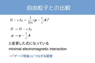 自由粒子との比較 
と変更した式になっている 
minimal electromagnetic interaction 
→「ゲージ理論」につながる観察 
 