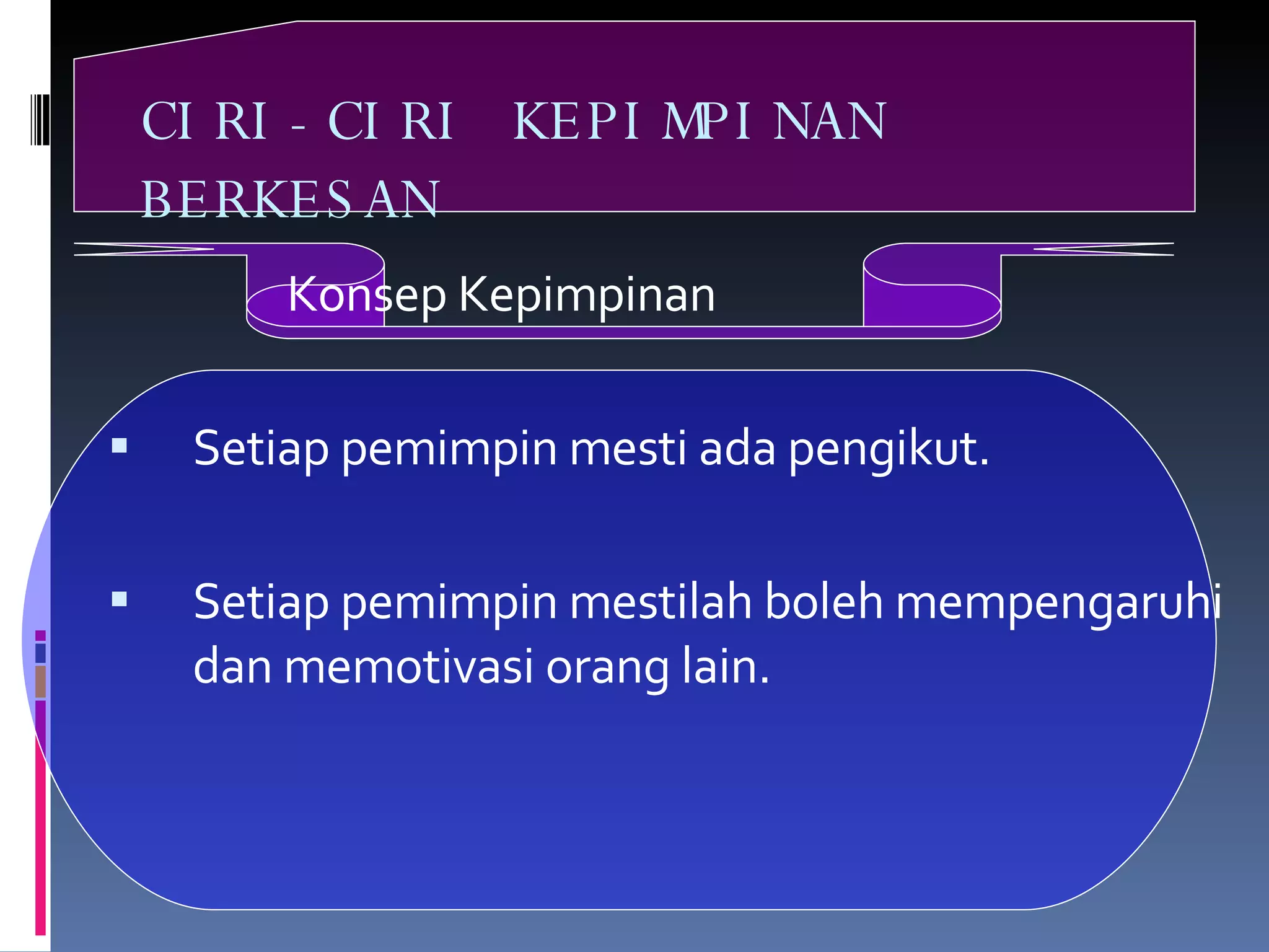 CIRI-CIRI KEPIMPINAN BERKESAN   Konsep Kepimpinan Setiap pemimpin mesti ada pengikut.  Setiap pemimpin mestilah boleh mempengaruhi dan memotivasi orang lain. 