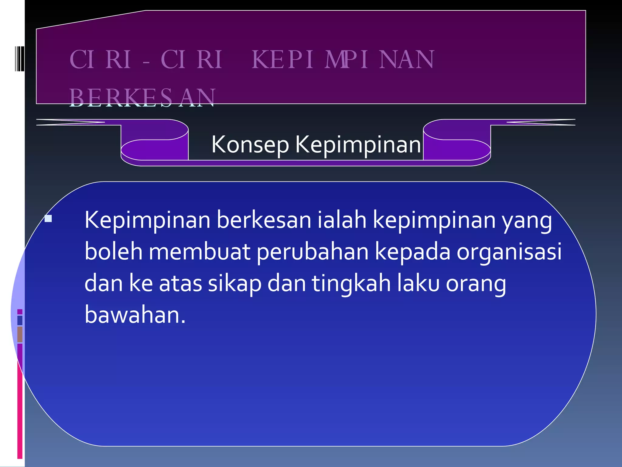 CIRI-CIRI KEPIMPINAN BERKESAN Konsep Kepimpinan Kepimpinan berkesan ialah kepimpinan yang boleh membuat perubahan kepada organisasi dan ke atas sikap dan tingkah laku orang bawahan.  