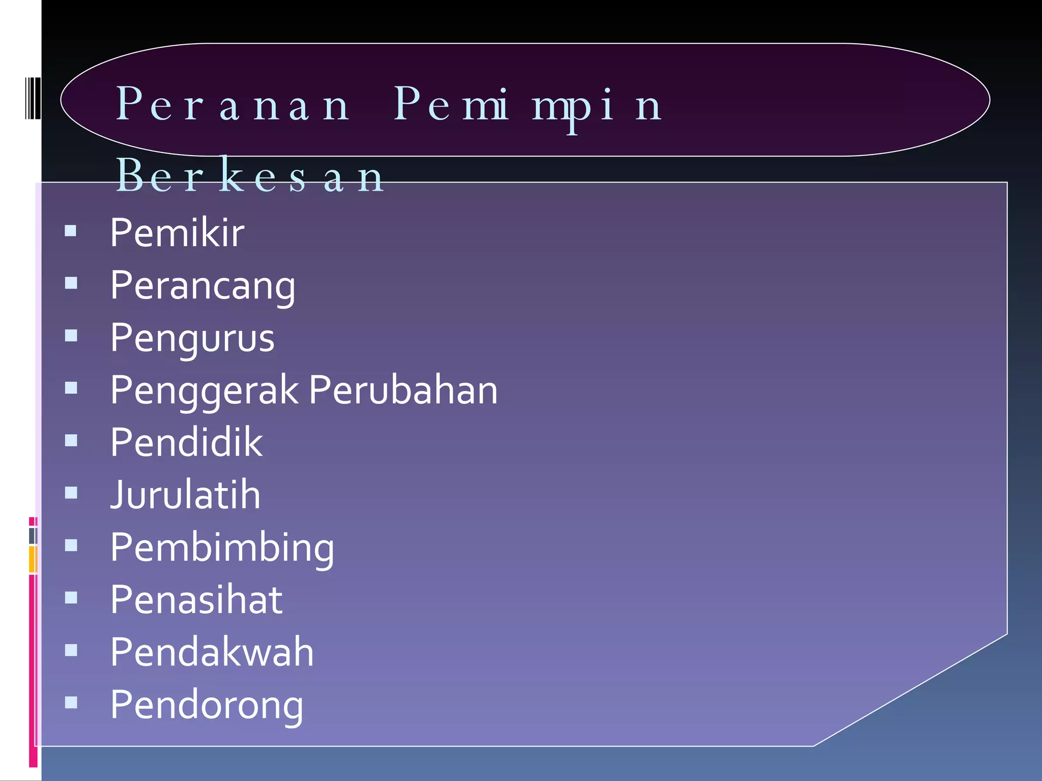 Peranan Pemimpin Berkesan Pemikir Perancang Pengurus Penggerak Perubahan Pendidik Jurulatih Pembimbing Penasihat Pendakwah Pendorong  