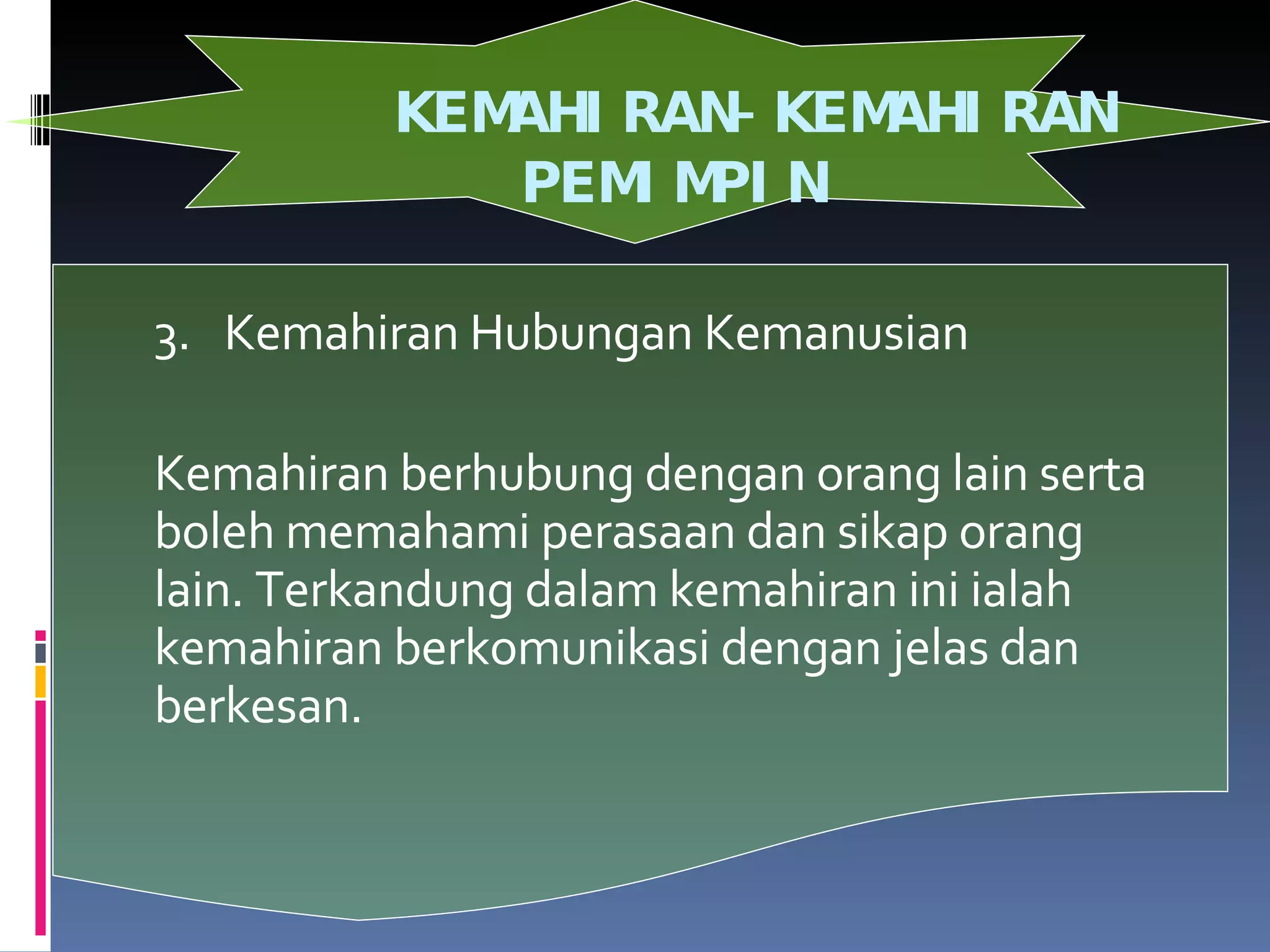 KEMAHIRAN-KEMAHIRAN  PEMIMPIN 3. Kemahiran Hubungan Kemanusian Kemahiran berhubung dengan orang lain serta boleh memahami perasaan dan sikap orang lain. Terkandung dalam kemahiran ini ialah kemahiran berkomunikasi dengan jelas dan berkesan. 