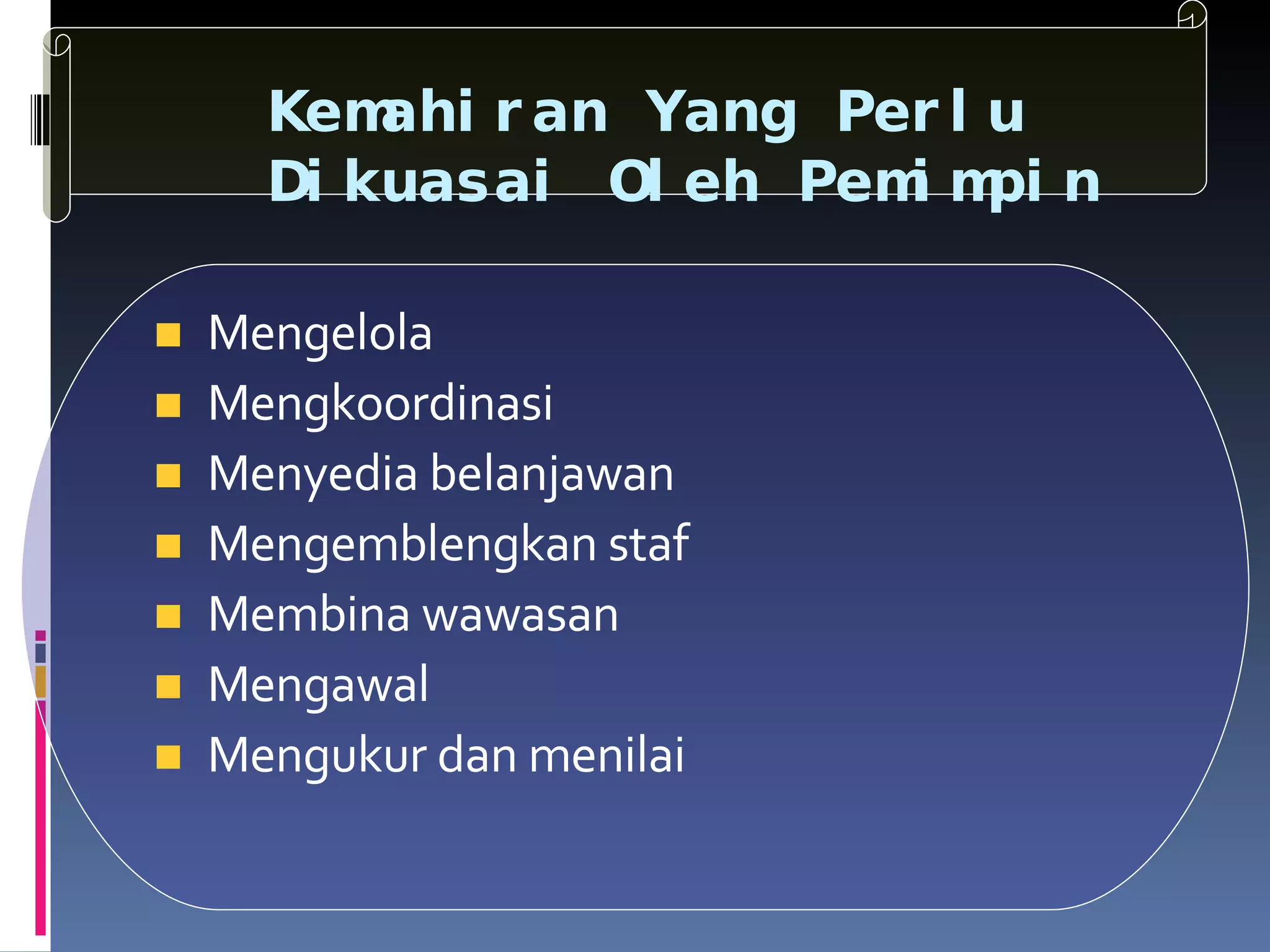 Kemahiran Yang Perlu Dikuasai Oleh Pemimpin Mengelola Mengkoordinasi Menyedia belanjawan Mengemblengkan staf Membina wawasan Mengawal Mengukur dan menilai 