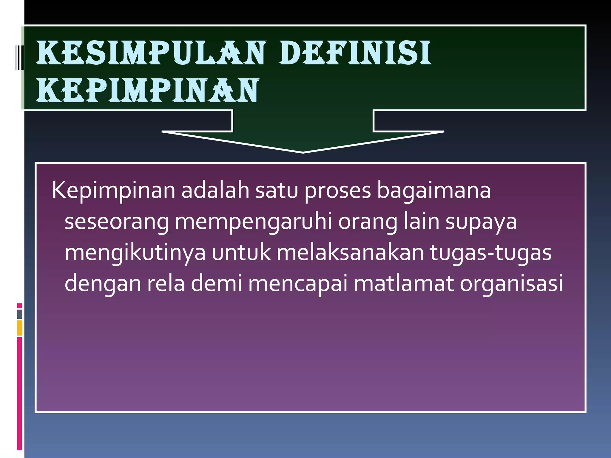 Kesimpulan Definisi Kepimpinan Kepimpinan adalah satu proses bagaimana seseorang mempengaruhi orang lain supaya mengikutinya untuk melaksanakan tugas-tugas dengan rela demi mencapai matlamat organisasi  