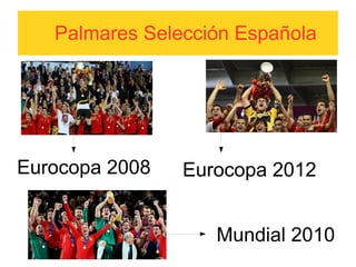 Palmares Selección Española
Eurocopa 2008 Eurocopa 2012
Mundial 2010
 