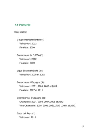 1.4 Palmarès
Real Madrid

Coupe Intercontinentale (1) :
Vainqueur : 2002
Finaliste : 2000

Supercoupe de l'UEFA (1) :
Vainqueur : 2002
Finaliste : 2000

Ligue des champions (2) :
Vainqueur : 2000 et 2002

Supercoupe d'Espagne (4) :
Vainqueur : 2001, 2003, 2008 et 2012
Finaliste : 2007 et 2011

Championnat d'Espagne (5) :
Champion : 2001, 2003, 2007, 2008 et 2012
Vice-Champion : 2005, 2006, 2009, 2010 , 2011 et 2013

Copa del Rey : (1) :
Vainqueur: 2011

15

 