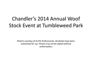 Chandler’s 2014 Annual Woof
Stock Event at Tumbleweed Park
Photo’s courtesy of Az Pet Professionals. All photos have been
authorized for use. Photos may not be copied without
authorization.
 