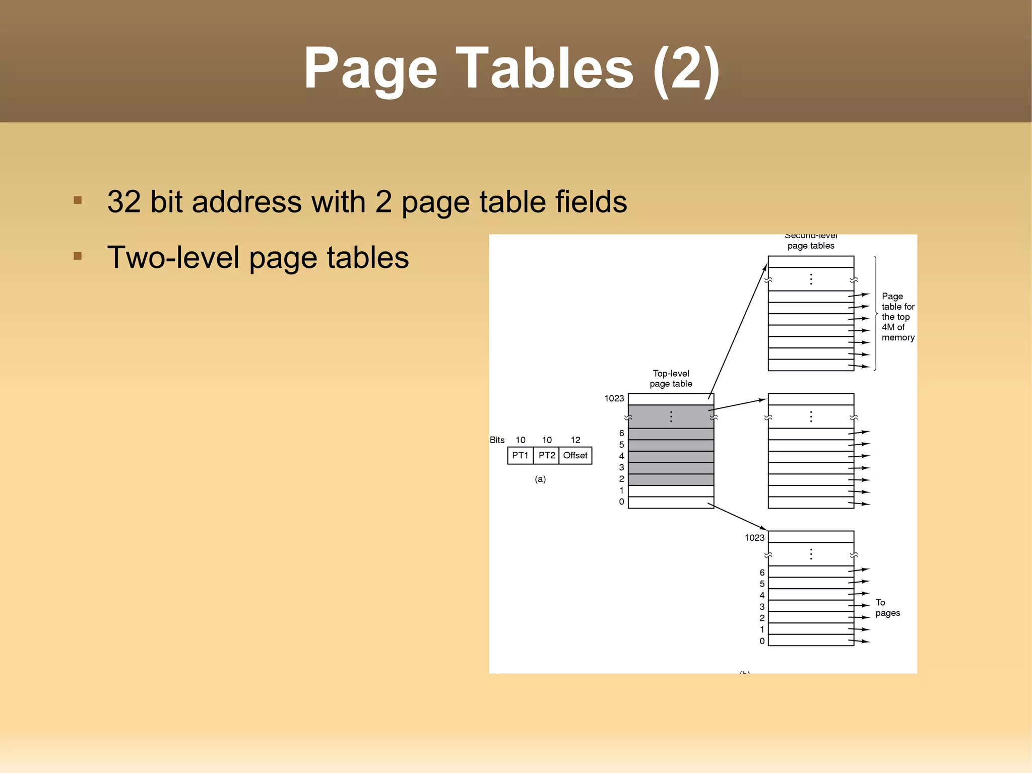 Page Tables (2)


    32 bit address with 2 page table fields

    Two-level page tables
 