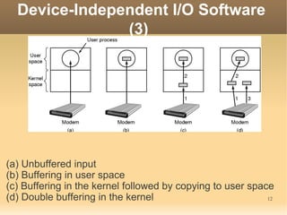 Device-Independent I/O Software
               (3)




(a) Unbuffered input
(b) Buffering in user space
(c) Buffering in the kernel followed by copying to user space
(d) Double buffering in the kernel                          12
 