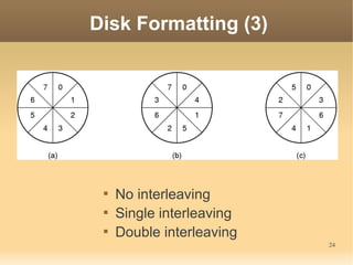 Disk Formatting (3)




 
     No interleaving
 
     Single interleaving
 
     Double interleaving
                           24
 