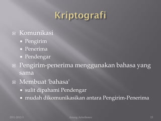     Komunikasi
         Pengirim
         Penerima
         Pendengar

      Pengirim-penerima menggunakan bahasa yang
       sama
      Membuat 'bahasa'
             sulit dipahami Pendengar
             mudah dikomunikasikan antara Pengirim-Penerima


2011-2012-3                   Anung Ariwibowo                  15
 