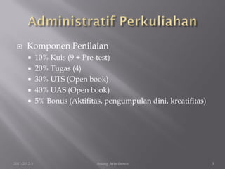      Komponen Penilaian
         10% Kuis (9 + Pre-test)
         20% Tugas (4)
         30% UTS (Open book)
         40% UAS (Open book)
         5% Bonus (Aktifitas, pengumpulan dini, kreatifitas)




2011-2012-3                 Anung Ariwibowo                     3
 