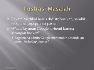      Rekam Medikal harus didistribusikan, sambil
       tetap menjaga privasi pasien
      What if layanan Google terhenti karena
       serangan hacker?
             Bagaimana admin Google memonitor kehandalan
              sistem terhadap peretas?




2011-2012-3                   Anung Ariwibowo               7
 