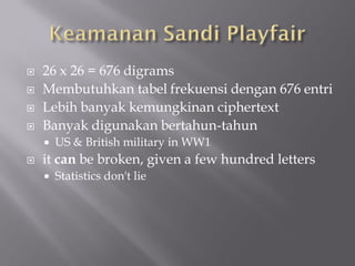    26 x 26 = 676 digrams
   Membutuhkan tabel frekuensi dengan 676 entri
   Lebih banyak kemungkinan ciphertext
   Banyak digunakan bertahun-tahun
       US & British military in WW1
   it can be broken, given a few hundred letters
       Statistics don't lie
 