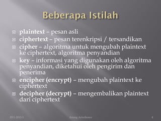      plaintext – pesan asli
      ciphertext – pesan terenkripsi / tersandikan
      cipher – algoritma untuk mengubah plaintext
       ke ciphertext, algoritma penyandian
      key – informasi yang digunakan oleh algoritma
       penyandian, diketahui oleh pengirim dan
       penerima
      encipher (encrypt) – mengubah plaintext ke
       ciphertext
      decipher (decrypt) – mengembalikan plaintext
       dari ciphertext

2011-2012-3             Anung Ariwibowo                4
 