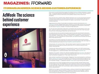 MAGAZINES:
FFORWARD.IN/ADWEEK-SCIENCE-BEHIND-CUSTOMER-EXPERIENCE/
 
