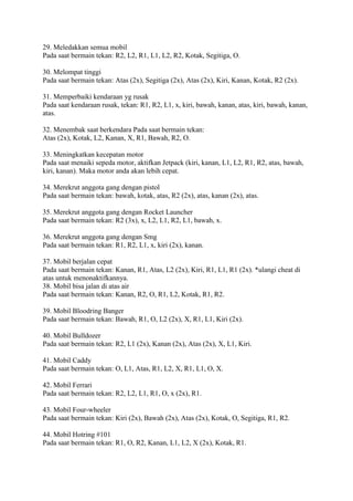 29. Meledakkan semua mobil
Pada saat bermain tekan: R2, L2, R1, L1, L2, R2, Kotak, Segitiga, O.
30. Melompat tinggi
Pada saat bermain tekan: Atas (2x), Segitiga (2x), Atas (2x), Kiri, Kanan, Kotak, R2 (2x).
31. Memperbaiki kendaraan yg rusak
Pada saat kendaraan rusak, tekan: R1, R2, L1, x, kiri, bawah, kanan, atas, kiri, bawah, kanan,
atas.
32. Menembak saat berkendara Pada saat bermain tekan:
Atas (2x), Kotak, L2, Kanan, X, R1, Bawah, R2, O.
33. Meningkatkan kecepatan motor
Pada saat menaiki sepeda motor, aktifkan Jetpack (kiri, kanan, L1, L2, R1, R2, atas, bawah,
kiri, kanan). Maka motor anda akan lebih cepat.
34. Merekrut anggota gang dengan pistol
Pada saat bermain tekan: bawah, kotak, atas, R2 (2x), atas, kanan (2x), atas.
35. Merekrut anggota gang dengan Rocket Launcher
Pada saat bermain tekan: R2 (3x), x, L2, L1, R2, L1, bawah, x.
36. Merekrut anggota gang dengan Smg
Pada saat bermain tekan: R1, R2, L1, x, kiri (2x), kanan.
37. Mobil berjalan cepat
Pada saat bermain tekan: Kanan, R1, Atas, L2 (2x), Kiri, R1, L1, R1 (2x). *ulangi cheat di
atas untuk menonaktifkannya.
38. Mobil bisa jalan di atas air
Pada saat bermain tekan: Kanan, R2, O, R1, L2, Kotak, R1, R2.
39. Mobil Bloodring Banger
Pada saat bermain tekan: Bawah, R1, O, L2 (2x), X, R1, L1, Kiri (2x).
40. Mobil Bulldozer
Pada saat bermain tekan: R2, L1 (2x), Kanan (2x), Atas (2x), X, L1, Kiri.
41. Mobil Caddy
Pada saat bermain tekan: O, L1, Atas, R1, L2, X, R1, L1, O, X.
42. Mobil Ferrari
Pada saat bermain tekan: R2, L2, L1, R1, O, x (2x), R1.
43. Mobil Four-wheeler
Pada saat bermain tekan: Kiri (2x), Bawah (2x), Atas (2x), Kotak, O, Segitiga, R1, R2.
44. Mobil Hotring #101
Pada saat bermain tekan: R1, O, R2, Kanan, L1, L2, X (2x), Kotak, R1.
 
