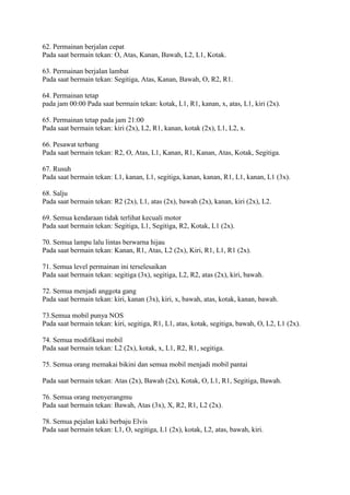 62. Permainan berjalan cepat
Pada saat bermain tekan: O, Atas, Kanan, Bawah, L2, L1, Kotak.
63. Permainan berjalan lambat
Pada saat bermain tekan: Segitiga, Atas, Kanan, Bawah, O, R2, R1.
64. Permainan tetap
pada jam 00:00 Pada saat bermain tekan: kotak, L1, R1, kanan, x, atas, L1, kiri (2x).
65. Permainan tetap pada jam 21:00
Pada saat bermain tekan: kiri (2x), L2, R1, kanan, kotak (2x), L1, L2, x.
66. Pesawat terbang
Pada saat bermain tekan: R2, O, Atas, L1, Kanan, R1, Kanan, Atas, Kotak, Segitiga.
67. Rusuh
Pada saat bermain tekan: L1, kanan, L1, segitiga, kanan, kanan, R1, L1, kanan, L1 (3x).
68. Salju
Pada saat bermain tekan: R2 (2x), L1, atas (2x), bawah (2x), kanan, kiri (2x), L2.
69. Semua kendaraan tidak terlihat kecuali motor
Pada saat bermain tekan: Segitiga, L1, Segitiga, R2, Kotak, L1 (2x).
70. Semua lampu lalu lintas berwarna hijau
Pada saat bermain tekan: Kanan, R1, Atas, L2 (2x), Kiri, R1, L1, R1 (2x).
71. Semua level permainan ini terselesaikan
Pada saat bermain tekan: segitiga (3x), segitiga, L2, R2, atas (2x), kiri, bawah.
72. Semua menjadi anggota gang
Pada saat bermain tekan: kiri, kanan (3x), kiri, x, bawah, atas, kotak, kanan, bawah.
73.Semua mobil punya NOS
Pada saat bermain tekan: kiri, segitiga, R1, L1, atas, kotak, segitiga, bawah, O, L2, L1 (2x).
74. Semua modifikasi mobil
Pada saat bermain tekan: L2 (2x), kotak, x, L1, R2, R1, segitiga.
75. Semua orang memakai bikini dan semua mobil menjadi mobil pantai
Pada saat bermain tekan: Atas (2x), Bawah (2x), Kotak, O, L1, R1, Segitiga, Bawah.
76. Semua orang menyerangmu
Pada saat bermain tekan: Bawah, Atas (3x), X, R2, R1, L2 (2x).
78. Semua pejalan kaki berbaju Elvis
Pada saat bermain tekan: L1, O, segitiga, L1 (2x), kotak, L2, atas, bawah, kiri.
 