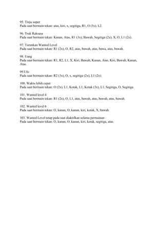 95. Tinju super
Pada saat bermain tekan: atas, kiri, x, segitiga, R1, O (3x), L2.
96. Truk Raksasa
Pada saat bermain tekan: Kanan, Atas, R1 (3x), Bawah, Segitiga (2x), X, O, L1 (2x).
97. Turunkan Wanted Level
Pada saat bermain tekan: R1 (2x), O, R2, atas, bawah, atas, bawa, atas, bawah.
98. Uang
Pada saat bermain tekan: R1, R2, L1, X, Kiri, Bawah, Kanan, Atas, Kiri, Bawah, Kanan,
Atas.
99.Ufo
Pada saat bermain tekan: R2 (3x), O, x, segitiga (2x), L1 (2x).
100. Waktu lebih cepat
Pada saat bermain tekan: O (2x), L1, Kotak, L1, Kotak (3x), L1, Segitiga, O, Segitiga.
101. Wanted level 4
Pada saat bermain tekan: R1 (2x), O, L1, atas, bawah, atas, bawah, atas, bawah.
102. Wanted level 6
Pada saat bermain tekan: O, kanan, O, kanan, kiri, kotak, X, bawah.
103. Wanted Level tetap pada saat diaktifkan selama permainan
Pada saat bermain tekan: O, kanan, O, kanan, kiri, kotak, segitiga, atas.
 