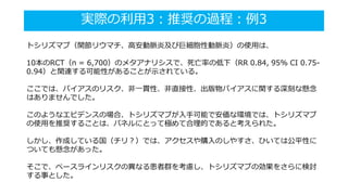 実際の利用3：推奨の過程：例3
トシリズマブ（関節リウマチ、高安動脈炎及び巨細胞性動脈炎）の使用は、
10本のRCT（n = 6,700）のメタアナリシスで、死亡率の低下（RR 0.84, 95% CI 0.75-
0.94）と関連する可能性があることが示されている。
ここでは、バイアスのリスク、非一貫性、非直接性、出版物バイアスに関する深刻な懸念
はありませんでした。
このようなエビデンスの場合、トシリズマブが入手可能で安価な環境では、トシリズマブ
の使用を推奨することは、パネルにとって極めて合理的であると考えられた。
しかし、作成している国（チリ？）では、アクセスや購入のしやすさ、ひいては公平性に
ついても懸念があった。
そこで、ベースラインリスクの異なる患者群を考慮し、トシリズマブの効果をさらに検討
する事とした。
 