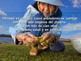 Okinawa es un lugar cuyos ppoobbllaaddoorreess ssee ccuueennttaann 
eennttrree llooss mmááss lloonnggeevvooss ddeell ppllaanneettaa:: 
vviivveenn mmááss ddee cciieenn aaññooss 
ccoonn bbuueennaa ssaalluudd yy eenn pplleenniittuudd.. 
 