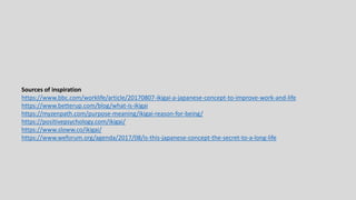 Sources of inspiration
https://www.bbc.com/worklife/article/20170807-ikigai-a-japanese-concept-to-improve-work-and-life
https://www.betterup.com/blog/what-is-ikigai
https://myzenpath.com/purpose-meaning/ikigai-reason-for-being/
https://positivepsychology.com/ikigai/
https://www.sloww.co/ikigai/
https://www.weforum.org/agenda/2017/08/is-this-japanese-concept-the-secret-to-a-long-life
 