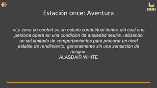 Estación once: Aventura
«La zona de confort es un estado conductual dentro del cual una
persona opera en una condición de ansiedad neutra, utilizando
un set limitado de comportamientos para procurar un nivel
estable de rendimiento, generalmente sin una sensación de
riesgo».
ALASDAIR WHITE
 