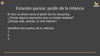 Estación quince: jardín de la infancia
El tren va ahora hacia el jardín de los recuerdos.
¿Tenías alguna aspiración que no hiciste realidad?
¿Dónde está, ahorita, tu niño interior?
Identifica tres sueños de tu infancia:
1.
2.
3.
 