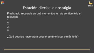 Estación dieciseis: nostalgia
Flashback: recuerda en qué momentos te has sentido feliz y
realizado
1.
2.
3.
4.
¿Qué podrías hacer para buscar sentirte igual o más feliz?
 