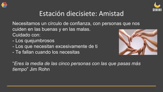 Estación diecisiete: Amistad
Necesitamos un círculo de confianza, con personas que nos
cuiden en las buenas y en las malas.
Cuidado con:
- Los quejumbrosos
- Los que necesitan excesivamente de ti
- Te fallan cuando los necesitas
“Eres la media de las cinco personas con las que pasas más
tiempo” Jim Rohn
 