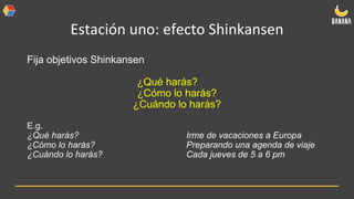 Estación uno: efecto Shinkansen
Fija objetivos Shinkansen
¿Qué harás?
¿Cómo lo harás?
¿Cuándo lo harás?
E.g.
¿Qué harás? Irme de vacaciones a Europa
¿Cómo lo harás? Preparando una agenda de viaje
¿Cuándo lo harás? Cada jueves de 5 a 6 pm
 