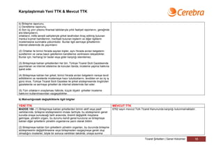 Karşılaştırmalı Yeni TTK & Mevcut TTK


b) Birleşme raporunu,
c) Denetleme raporunu,
d) Son üç yılın yılsonu finansal tablolarıyla yıllık faaliyet raporlarını, gereğinde
ara bilançolarını,
ortakların, intifa senedi sahipleriyle şirket tarafından ihraç edilmiş bulunan
menkul kıymet hamillerinin, menfaati bulunan kişilerin ve diğer ilgililerin
incelemesine sunmakla yükümlüdür. Bunlar ilgili sermaye şirketlerinin
internet sitelerinde de yayımlanır.

(2) Ortaklar ile birinci fıkrada sayılan kişiler, aynı fıkrada anılan belgelerin
suretlerinin ve varsa basılı şekillerinin kendilerine verilmesini isteyebilirler.
Bunlar için, herhangi bir bedel veya gider karşılığı istenilemez.

(3) Birleşmeye katılan şirketlerden her biri, Türkiye Ticaret Sicili Gazetesinde
yayımlanan ve internet sitelerine de konulan ilanda, inceleme yapma hakkına
işaret eder.

(4) Birleşmeye katılan her şirket, birinci fıkrada anılan belgelerin nereye tevdi
edildiklerini ve nerelerde incelemeye hazır tutulduklarını, tevdiden en az üç iş
günü önce, Türkiye Ticaret Sicili Gazetesi ile şirket sözleşmesinde öngörülen
gazetelerde ve sermaye şirketleri de internet sitelerinde ilan eder.

(5) Tüm ortakların onaylaması hâlinde, küçük ölçekli şirketler inceleme
hakkının kullanılmasından vazgeçebilirler.

b) Malvarlığındaki değişikliklerle ilgili bilgiler

YENİ TTK                                                                               MEVCUT TTK
MADDE 150- (1) Birleşmeye katılan şirketlerden birinin aktif veya pasif                6762 sayılı mevcut Türk Ticaret Kanununda karşılığı bulunmamaktadır.
varlıklarında, birleşme sözleşmesinin imzası tarihiyle, bu sözleşmenin genel
kurulda onaya sunulacağı tarih arasında, önemli değişiklik meydana
gelmişse, yönetim organı, bu durumu kendi genel kuruluna ve birleşmeye
katılan diğer şirketlerin yönetim organlarına yazılı olarak bildirir.

(2) Birleşmeye katılan tüm şirketlerin yönetim organları, bu durumda birleşme
sözleşmesinin değiştirilmesine veya birleşmeden vazgeçmeye gerek olup
olmadığını incelerler; böyle bir sonuca vardıkları takdirde, onaya sunma

                                                                                                                 Ticaret Şirketleri | Genel Hükümler      18
 