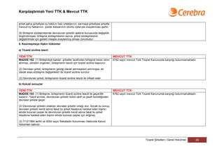 Karşılaştırmalı Yeni TTK & Mevcut TTK


şirket şahıs şirketiyse oy hakkını haiz ortaklarının, sermaye şirketiyse şirkette
mevcut oy haklarının yüzde doksanının olumlu oylarıyla onaylanması şarttır.

(6) Birleşme sözleşmesinde devrolunan şirketin işletme konusunda değişiklik
öngörülmüşse, birleşme sözleşmesinin ayrıca, şirket sözleşmesinin
değiştirilmesi için gerekli nisapla onaylanmış olması zorunludur.
6. Kesinleşmeye ilişkin hükümler

a) Ticaret siciline tescil

YENİ TTK                                                                            MEVCUT TTK
MADDE 152- (1) Birleşmeye katılan şirketler tarafından birleşme kararı alınır       6762 sayılı mevcut Türk Ticaret Kanununda karşılığı bulunmamaktadır.
alınmaz, yönetim organları, birleşmenin tescili için ticaret siciline başvurur.

(2) Devralan şirket, birleşmenin gereği olarak sermayesini artırmışsa, ek
olarak esas sözleşme değişiklikleri de ticaret siciline sunulur.

(3) Devrolunan şirket, birleşmenin ticaret siciline tescili ile infisah eder.

b) Hukuki sonuçlar

YENİ TTK                                                                            MEVCUT TTK
MADDE 153- (1) Birleşme, birleşmenin ticaret siciline tescili ile geçerlilik        6762 sayılı mevcut Türk Ticaret Kanununda karşılığı bulunmamaktadır.
kazanır. Tescil anında, devrolunan şirketin bütün aktif ve pasifi kendiliğinden
devralan şirkete geçer.

(2) Devrolunan şirketin ortakları devralan şirketin ortağı olur. Ancak bu sonuç,
devralan şirketin kendi adına fakat bu şirket hesabına hareket eden kişinin
elinde bulunan paylar ile devrolunan şirketin kendi adına fakat bu şirket
hesabına hareket eden kişinin elinde bulunan paylar için doğmaz.

(3) 7/12/1994 tarihli ve 4054 sayılı Rekabetin Korunması Hakkında Kanun
hükümleri saklıdır.




                                                                                                              Ticaret Şirketleri | Genel Hükümler      20
 