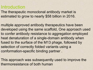 Introduction
The therapeutic monoclonal antibody market is
estimated to grow to nearly $58 billion in 2016.
multiple approved antibody therapeutics have been
developed using the same scaffold, One approach used
to confer antibody resistance to aggregation employed
heat denaturation of a single-domain antibody when
fused to the surface of the M13 phage, followed by
selection of correctly folded variants using a
conformation-specific binding partner .
This approach was subsequently used to improve the
thermoresistance of both human
 