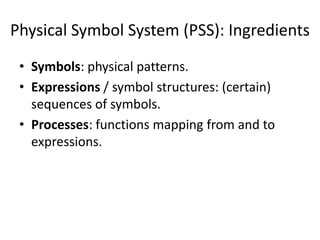 Physical Symbol System (PSS): IngredientsSymbols: physical patterns.Expressions / symbol structures: (certain) sequences of symbols.Processes: functions mapping from and to expressions.