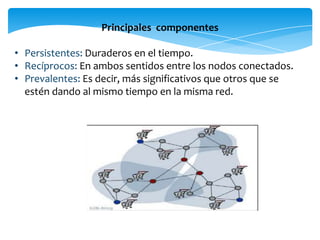 Principales componentes
• Persistentes: Duraderos en el tiempo.
• Recíprocos: En ambos sentidos entre los nodos conectados.
• Prevalentes: Es decir, más significativos que otros que se
estén dando al mismo tiempo en la misma red.
 