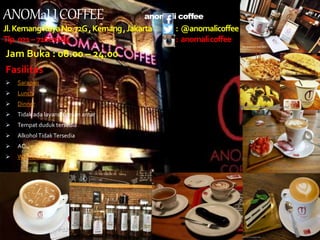 ANOMaLICOFFEE : anomali coffee
Jl.KemangRayaNo.72G,Kemang,Jakarta : @anomalicoffee
Tlp.021–71607283 : anomalicoffee
Jam Buka : 08.00 – 24.00
Fasilitas
 Sarapan
 Lunch
 Dinner
 Tidak ada layanan pesan antar
 Tempat duduk tersedia
 AlkoholTidakTersedia
 AC
 WifiTersedia
 