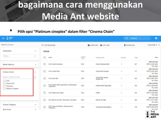bagaimana cara menggunakan
Media Ant website
• Pilih opsi “Platinum cineplex” dalam filter “Cinema Chain”
 