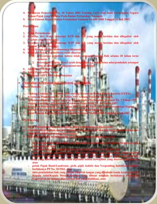4. Peraturan Pemerintah No. 46 Tahun 2002 Tentang Tarif Atas Jenis Penerimaan Negara
Bukan Pajak yang Berlaku Pada Badan Pertanahan Nasional.
5. Surat Edaran Kepala Badan Pertanahan Nasional No.600-1900 Tanggal 31 Juli 2003.
Persyaratan:
1. Surat Permohonan
2. Identitas diri Wakif (fotocopy KTP dan KK yang masih berlaku dan dilegalisir oleh
Pejabat yang berwenang)
3. Identitas diri Nadzir (fotocopy KTP dan KK yang masih berlaku dan dilegalisir oleh
Pejabat yang berwenang)
4. Surat Kuasa, jika permohonannya dikuasakan
5. Bukti perolehan kepemilikan tanah disertai:
1. pernyataan pemohon bahwa telah menguasai secara fisik selama 20 tahun terus
menerus
2. keterangan Kepala Desa/Lurah dengan saksi 2 orang tetua adat/penduduk setempat
yang membenarkan penguasaan tanah tersebut.
6. Akta Ikrar Wakaf
7. Surat Pengesahan Nadzir
8. Foto copy SPPT PBB tahun berjalan
 Pendaftaran Pertama Kali Konversi - Sistematik
Dasar Hukum:
1. Undang-Undang No. 5 Tahun 1960 tentang Peraturan Pokok-Pokok Agraria (UUPA).
2. Peraturan Pemerintah No. 24 Tahun 1997 tentang Pendaftaran Tanah.
3. Peraturan Menteri Negara Agraria/ Kepala Badan Pertanahan Nasional No. 3 Tahun 1997
tentang Ketentuan Pelaksanaan Peraturan Pemerintah No. 24 Tahun 1997.
4. Peraturan Pemerintah No. 46 Tahun 2002 Tentang Tarif Atas Jenis Penerimaan Negara
Bukan Pajak yang Berlaku Pada Badan Pertanahan Nasional.
5. Surat Edaran Kepala Badan Pertanahan Nasional No.600-1900 Tanggal 31 Juli 2003.
Persyaratan:
1. Surat Permohonan dan Surat kuasa, jika permohonannya dikuasakan.
2. Identitas diri pemohon dan atau kuasanya (fotocopy KTP dan KK yang masih berlaku dan
dilegalisir oleh Pejabat yang berwenang).
3. Bukti tertulis yang membuktikan adanya hak yang bersangkutan, yaitu:
o Surat tanda bukti hak milik yang diterbitkan berdasarkan Peraturan Swapraja yang
bersangkutan, atau
o sertipikat hak milik yang diterbitkan berdasarkan PMA No. 9/1959, atau
o surat keputusan pemberian hak milik dari Pejabat yang berwenang, baik sebelum
ataupun sejak berlakunya UUPA, yang tidak disertai kewajiban untuk mendaftarkan
hak yang diberikan, tetapi telah dipenuhi semua kewajiban yang disebut didalamnya,
atau
o petuk Pajak Bumi/Landrente, girik, pipil, kekitir dan Verponding Indonesia sebelum
berlakunya PP No. 10/1961, atau
o akta pemindahan hak yang dibuat dibawah tangan yang dibubuhi tanda kesaksian oleh
Kepala Adat/Kepala Desa/Kelurahan yang dibuat sebelum berlakunya Peraturan
Pemerintah ini dengan disertai alas hak yang dialihkan, atau
 