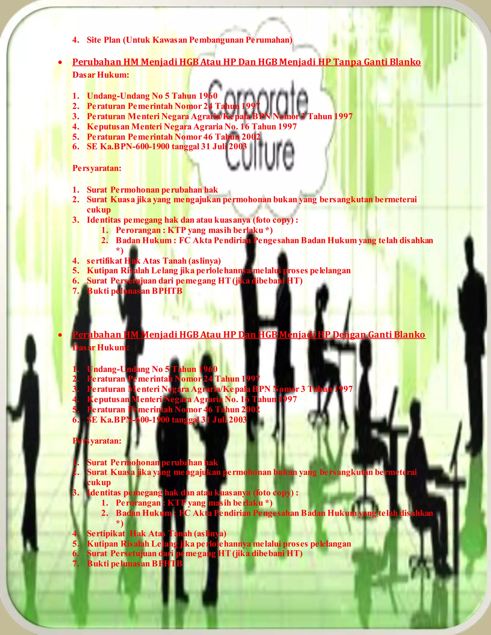 4. Site Plan (Untuk Kawasan Pembangunan Perumahan)
 Perubahan HM Menjadi HGB Atau HP Dan HGB Menjadi HP Tanpa Ganti Blanko
Dasar Hukum:
1. Undang-Undang No 5 Tahun 1960
2. Peraturan Pemerintah Nomor 24 Tahun 1997
3. Peraturan Menteri Negara Agraria/Kepala BPN Nomor 3 Tahun 1997
4. Keputusan Menteri Negara Agraria No. 16 Tahun 1997
5. Peraturan Pemerintah Nomor 46 Tahun 2002
6. SE Ka.BPN-600-1900 tanggal 31 Juli 2003
Persyaratan:
1. Surat Permohonan perubahan hak
2. Surat Kuasa jika yang mengajukan permohonan bukan yang bersangkutan bermeterai
cukup
3. Identitas pemegang hak dan atau kuasanya (foto copy) :
1. Perorangan : KTP yang masih berlaku *)
2. Badan Hukum : FC Akta Pendirian Pengesahan Badan Hukum yang telah disahkan
*)
4. sertifikat Hak Atas Tanah (aslinya)
5. Kutipan Risalah Lelang jika perlolehannya melalui proses pelelangan
6. Surat Persetujuan dari pemegang HT(jika dibebani HT)
7. Bukti pelunasan BPHTB
 Perubahan HM Menjadi HGB Atau HP Dan HGB Menjadi HP Dengan Ganti Blanko
Dasar Hukum:
1. Undang-Undang No 5 Tahun 1960
2. Peraturan Pemerintah Nomor 24 Tahun 1997
3. Peraturan Menteri Negara Agraria/Kepala BPN Nomor 3 Tahun 1997
4. Keputusan Menteri Negara Agraria No. 16 Tahun 1997
5. Peraturan Pemerintah Nomor 46 Tahun 2002
6. SE Ka.BPN-600-1900 tanggal 31 Juli 2003
Persyaratan:
1. Surat Permohonan perubahan hak
2. Surat Kuasa jika yang mengajukan permohonan bukan yang bersangkutan bermeterai
cukup
3. Identitas pemegang hak dan atau kuasanya (foto copy) :
1. Perorangan : KTP yang masih berlaku *)
2. Badan Hukum : FC Akta Pendirian Pengesahan Badan Hukum yang telah disahkan
*)
4. Sertipikat Hak Atas Tanah (aslinya)
5. Kutipan Risalah Lelang jika perlolehannya melalui proses pelelangan
6. Surat Persetujuan dari pemegang HT(jika dibebani HT)
7. Bukti pelunasan BPHTB
 