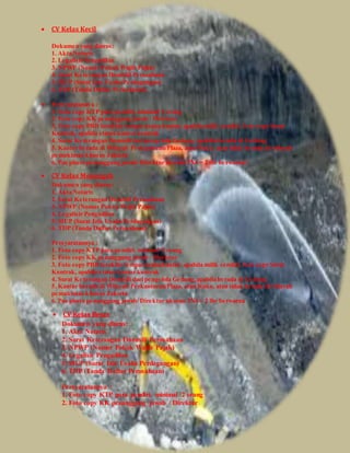  CV Kelas Kecil
Dokumen yang diurus:
1. Akta Notaris
2. Legalisir Pengadilan
3. NPWP (Nomor Pokok Wajib Pajak)
4. Surat Keterangan Domisili Perusahaan
5. SIUP (Surat Izin Usaha Perdagangan)
6. TDP (Tanda Daftar Perusahaan)
 Persyaratannya :
1. Foto copy KTP para pendiri, minimal 2 orang
2. Foto copy KK penanggung jawab / Direktur
3. Foto copy PBB terakhir tempat usaha/kantor, apabila milik sendiri, foto copy Surat
Kontrak, apabila status kantor kontrak
4. Surat Keterangan Domisili dari pengelola Gedung,apabila berada di Gedung
5. Kantor berada di Wilayah Perkantoran/Plaza, atau Ruko, atau tidak berada di wilayah
pemukiman khusus Jakarta
6. Pas photo penanggung jawab/ Direktur ukuran 3X4 = 2 lbr berwarna>
 CV Kelas Menengah
Dokumen yang diurus:
1. Akta Notaris
2. Surat Keterangan Domisili Perusahaan
3. NPWP (Nomor Pokok Wajib Pajak)
4. Legalisir Pengadilan
5. SIUP (Surat Izin Usaha Perdagangan)
6. TDP (Tanda Daftar Perusahaan)
Persyaratannya :
1. Foto copy KTP para pendiri, minimal 2 orang
2. Foto copy KK penanggung jawab / Direktur
3. Foto copy PBB terakhir tempat usaha/kantor, apabila milik sendiri, foto copy Surat
Kontrak, apabila status kantor kontrak
4. Surat Keterangan Domisili dari pengelola Gedung,apabila berada di Gedung
5. Kantor berada di Wilayah Perkantoran/Plaza, atau Ruko, atau tidak berada di wilayah
pemukiman khusus Jakarta
6. Pas photo penanggung jawab/ Direktur ukuran 3X4 = 2 lbr berwarna
 CV Kelas Besar
Dokumen yang diurus:
1. Akta Notaris
2. Surat Keterangan Domisili Perusahaan
3. NPWP (Nomor Pokok Wajib Pajak)
4. Legalisir Pengadilan
5. SIUP (Surat Izin Usaha Perdagangan)
6. TDP (Tanda Daftar Perusahaan)
Persyaratannya :
1. Foto copy KTP para pendiri, minimal 2 orang
2. Foto copy KK penanggung jawab / Direktur
 