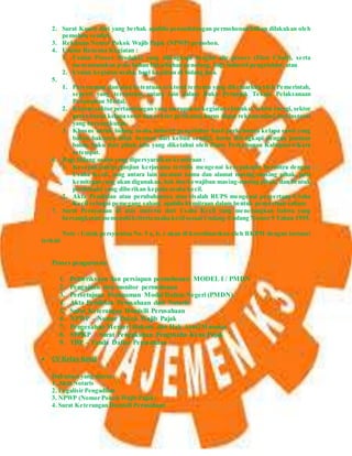 2. Surat Kuasa dari yang berhak apabila penandatangan permohonan bukan dilakukan oleh
pemohon sendiri.
3. Rekaman Nomor Pokok Wajib Pajak (NPWP) pemohon.
4. Uraian Rencana Kegiatan :
1. Uraian Proses Produksi yang dilengkapi dengan alir proses (Flow Chart), serta
mencantumkan jenis bahan baku/bahan penolong, bagi industri pengolahan; atau
2. Uraian kegiatan usaha, bagi kegiatan di bidang jasa.
5.
1. Persyaratan dan/atau ketentuan sektoral tertentu yang dikeluarkan oleh Pemerintah,
seperti yang tercantum antara lain dalam Buku Petunjuk Teknis Pelaksanaan
Penanaman Modal.
2. Khusus sektor pertambangan yang merupakan kegiatan ekstraksi, sektor energi, sektor
perkebunan kelapa sawit dan sektor perikanan harus dapat rekomendasi dari instansi
yang bersangkutan.
3. Khusus untuk bidang usaha industri pengolahan hasil perkebunan kelapa sawit yang
bahan bakunya tidak berasal dari kebun sendiri, harus dilengkapi dengan jaminan
bahan baku dari pihak lain yang diketahui oleh Dinas Perkebunan Kabupaten/Kota
setempat.
6. Bagi bidang usaha yang dipersyaratkan kemitraan :
1. Kesepakatan/perjanjian kerjasama tertulis mengenai kesepakatan bermitra dengan
Usaha Kecil, yang antara lain memuat nama dan alamat masing-masing pihak, pola
kemitraan yang akan digunakan, hak dan kewajiban masing-masing pihak, dan bentuk
pembinaan yang diberikan kepada usaha kecil.
2. Akta Pendirian atau perubahannya atau risalah RUPS mengenai penyertaan Usaha
Kecil sebagai pemegang saham, apabila kemitraan dalam bentuk penyertaan saham.
7. Surat Pernyataan di atas materai dari Usaha Kecil yang menerangkan bahwa yang
bersangkutan memenuhi kriteria usaha kecil sesuai Undang-Undang Nomor 9 Tahun 1995.
Note : Untuk persyaratan No. 5 a, b, c akan di koordinasikan oleh BKPM dengan instansi
terkait
Proses pengurusan:
1. Pemeriksaan dan persiapan permohonan MODEL I / PMDN
2. Pengajuan dan monitor permohonan
3. Persetujuan Penanaman Modal Dalam Negeri (PMDN)
4. Akta Pendirian Perusahaan dari Notaris
5. Surat Keterangan Domisili Perusahaan
6. NPWP – Nomor Pokok Wajib Pajak
7. Pengesahan Menteri Hukum dan Hak Asasi Manusia
8. SPPKP – Surat Pengukuhan Pengusaha Kena Pajak
9. TDP – Tanda Daftar Perusahaan
 CV Kelas Kecil
Dokumen yang diurus:
1. Akta Notaris
2. Legalisir Pengadilan
3. NPWP (Nomor Pokok Wajib Pajak)
4. Surat Keterangan Domisili Perusahaan
 